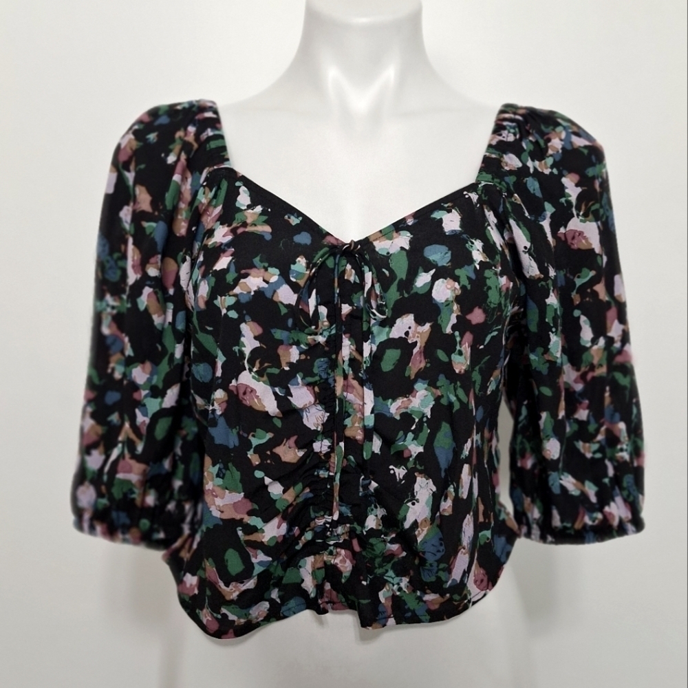 Open Edit Black Multicolor Boho Retro Watercolor V-Neck Ruched Blouse Size L